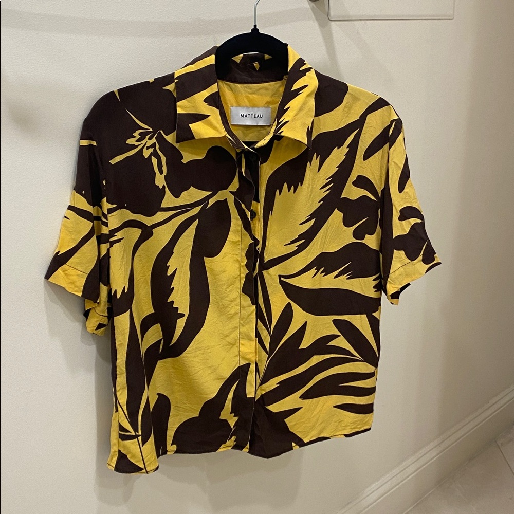 Matteau Banana Palm Blouse Women's Yellow and Brown Leaf Print Shirt Size 2